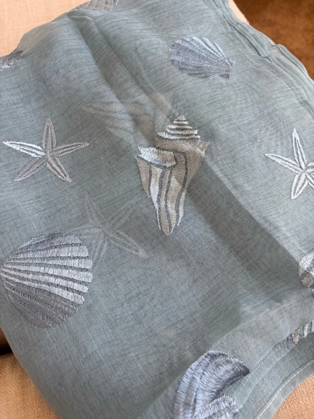 Boho Coastal Sheer Seashell Starfish Table Runner Blue Gauze 110” Embroidered